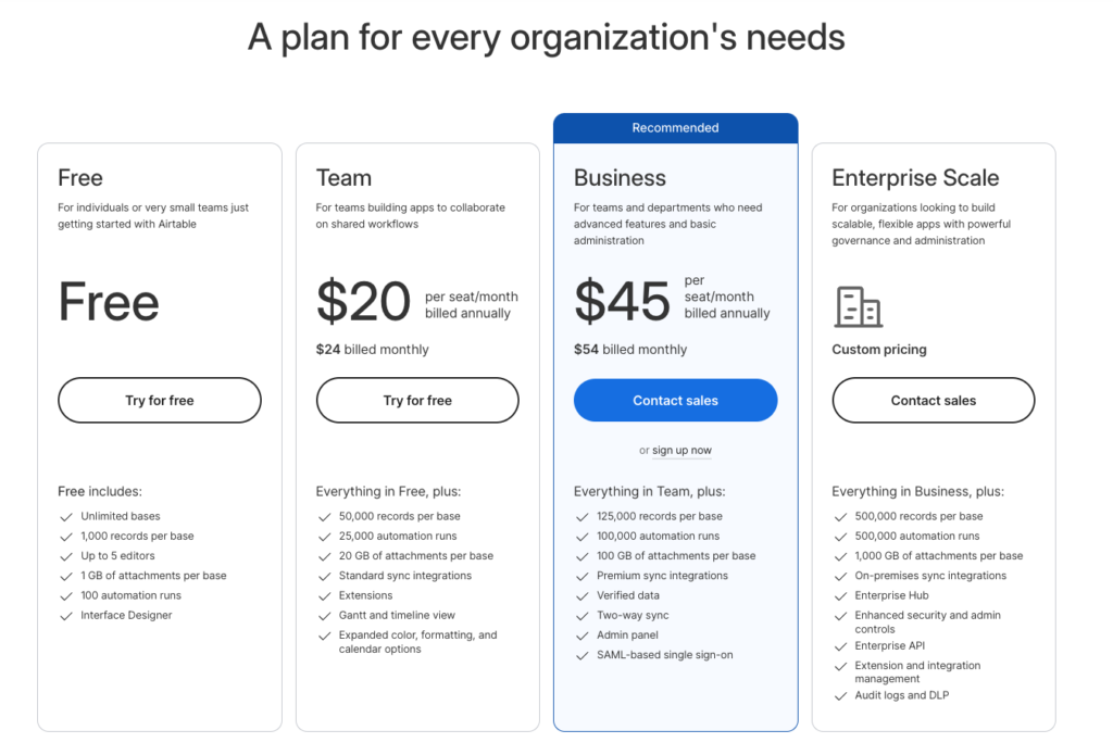 Airtable no-code pricing plans featuring Free, Team, Business, and Enterprise options, highlighting features like automation runs, data records, and attachment limits.