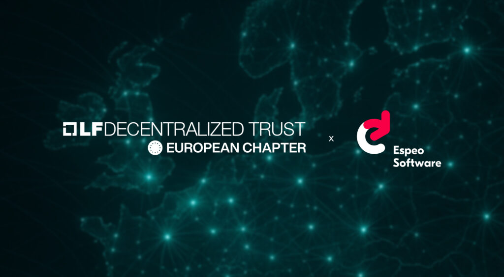 Graphic announcing the launch of the LF Decentralized Trust European Chapter, featuring the logos of LF Decentralized Trust and Espeo Software, over a stylised map of Europe illuminated with digital network nodes.