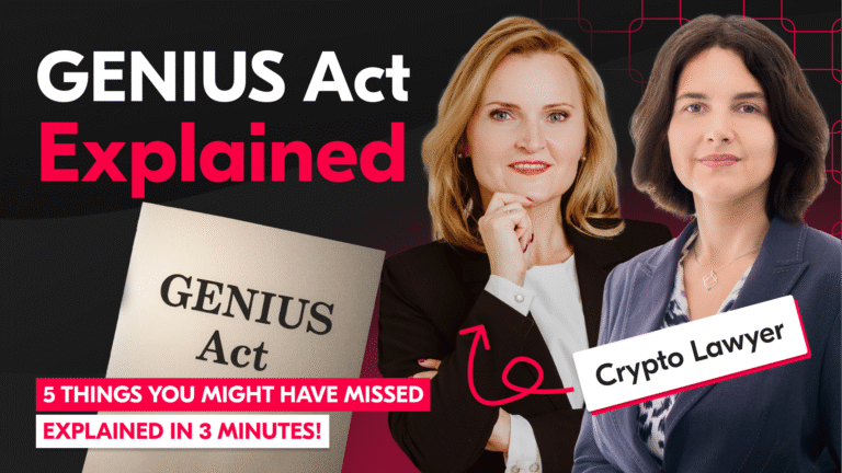 Article thumbnail for a video titled “GENIUS Act Explained,” featuring Dr Katharina Lasota Heller and another woman labelled “Crypto Lawyer”, with the text “Everything you need to know explained in 8 minutes!” and an image of a document titled “GENIUS Act”.