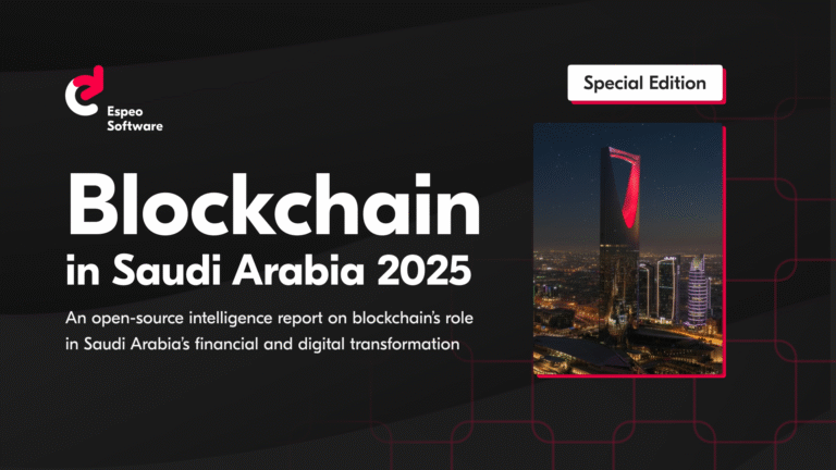 Cover page of the report titled "Blockchain in Saudi Arabia 2025" by Espeo Software, showing Riyadh’s Kingdom Tower lit in red at night.