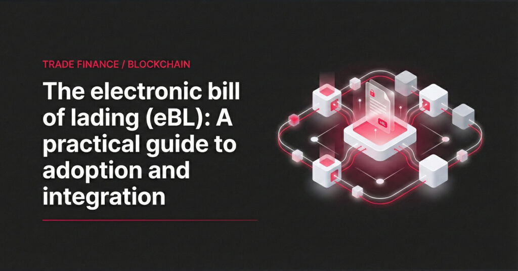 Blog post banner with the title 'The electronic bill of lading (eBL): A practical guide to adoption and integration' and the category 'TRADE FINANCE / BLOCKCHAIN'. To the right is a 3D illustration of a digital eBL document with a padlock within a glowing network of cubes and lines by Espeo Software.