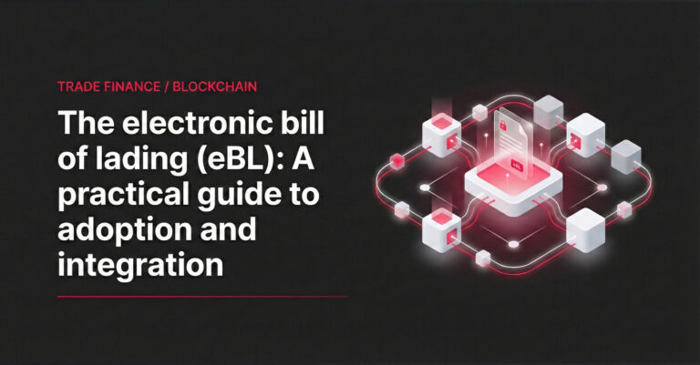 Blog post banner with the title 'The electronic bill of lading (eBL): A practical guide to adoption and integration' and the category 'TRADE FINANCE / BLOCKCHAIN'. To the right is a 3D illustration of a digital eBL document with a padlock within a glowing network of cubes and lines by Espeo Software.